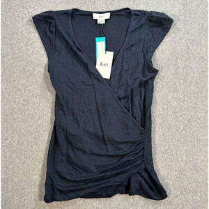 &et Stitchfix Lisa Linen Knit Top Women's Small Navy Blue Wrap Cap Sleeve New